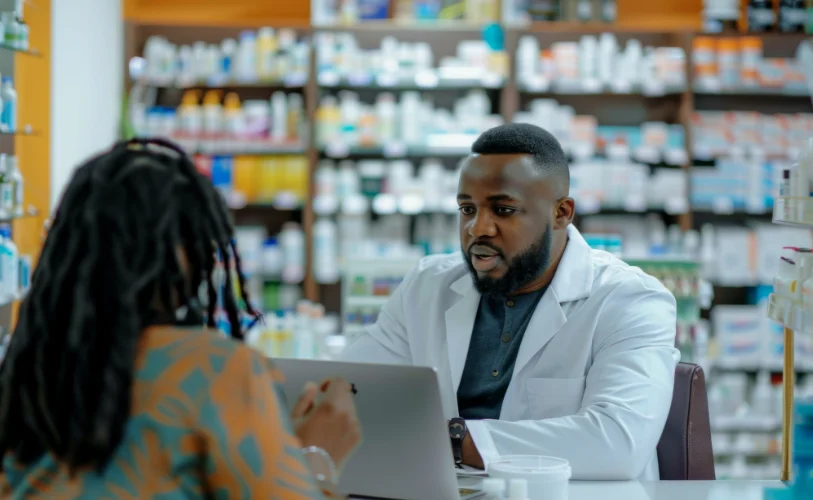 Stock photo of a pharmacist consulting with a customer at the counter