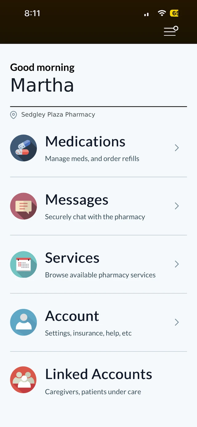 Illustrative Patient Portal home screen with Sedgley Plaza Pharmacy name