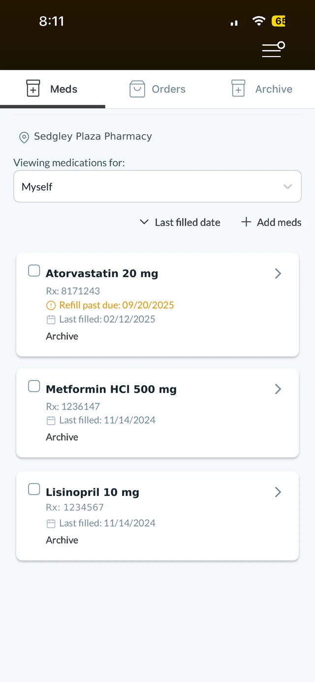 Illustrative Patient Portal refills screen with Sedgley Plaza Pharmacy name